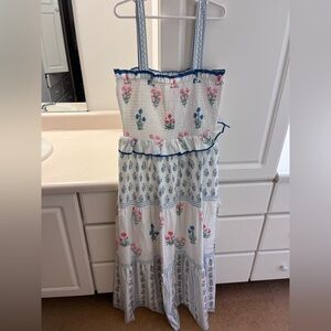 Sunday Up White Smocked Maxi Dress with Blue Trim and Pink Floral Embroidery